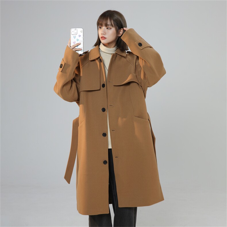 N8180/P120秋冬新款过膝中长款呢大衣宽松呢料风衣毛呢子外套,女装毛呢外套,电商A141