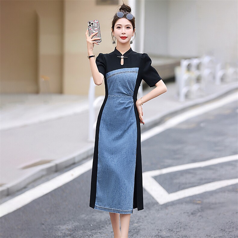 优雅气质收腰显瘦连衣裙女夏季牛仔拼接设计感小众裙子2025新款潮,女装连衣裙,C位