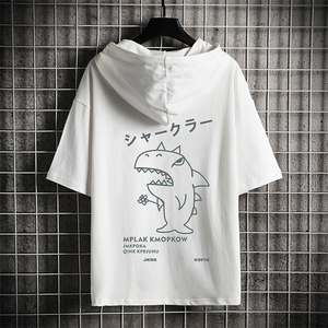 LD54092-P45连帽短袖t恤男大码胖子带帽五分袖中袖网格挂拍