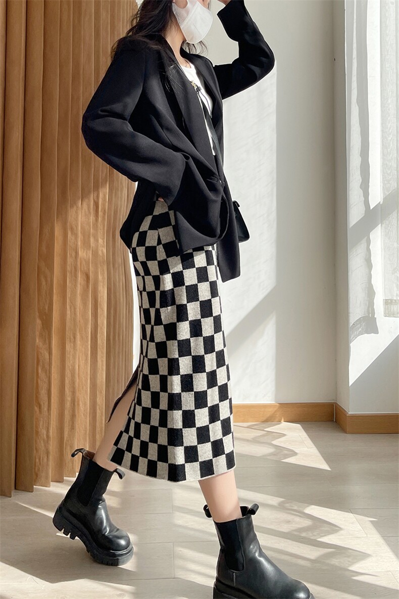 2023秋冬新款羊毛半身裙百搭短款棋盘格裙针织直筒裙女,女装半身裙,君贝羊绒