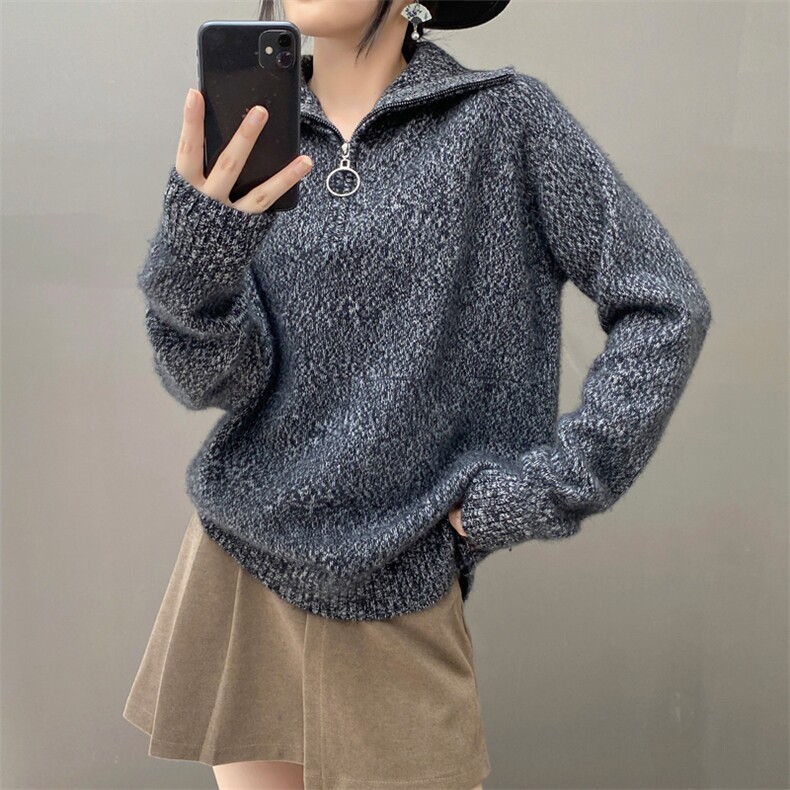 欧货秋冬新款软糯山羊绒衫女毛衣拉链高领宽松套头加厚针织打底衫,女装羊绒衫,织绒羊
