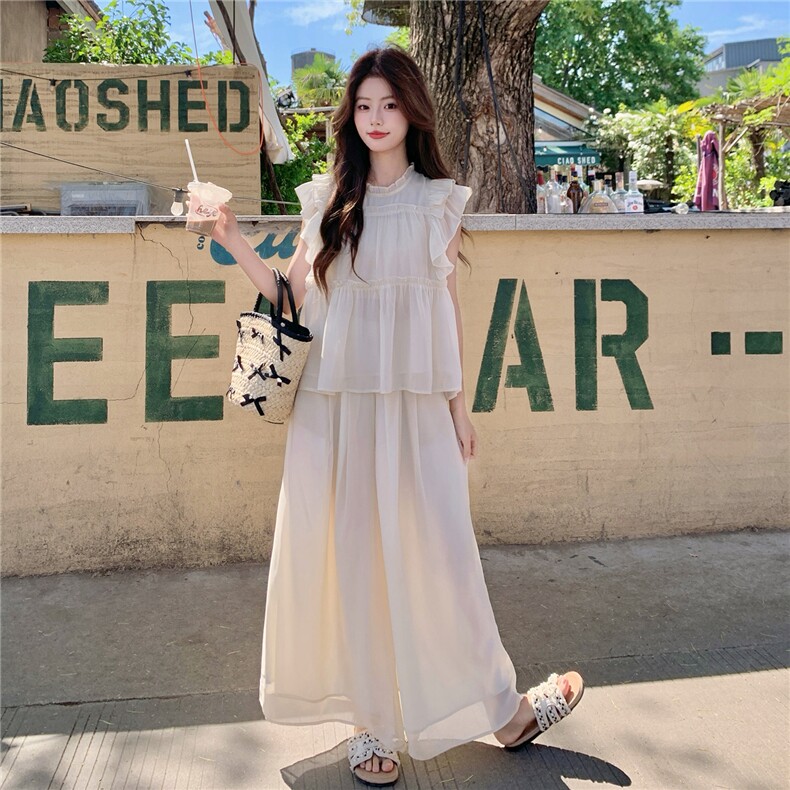 超仙时尚雪纺无袖木耳边套装女2026夏新款半透减龄阔腿裙裤两件套,女装套装/套裙,衣秀之家