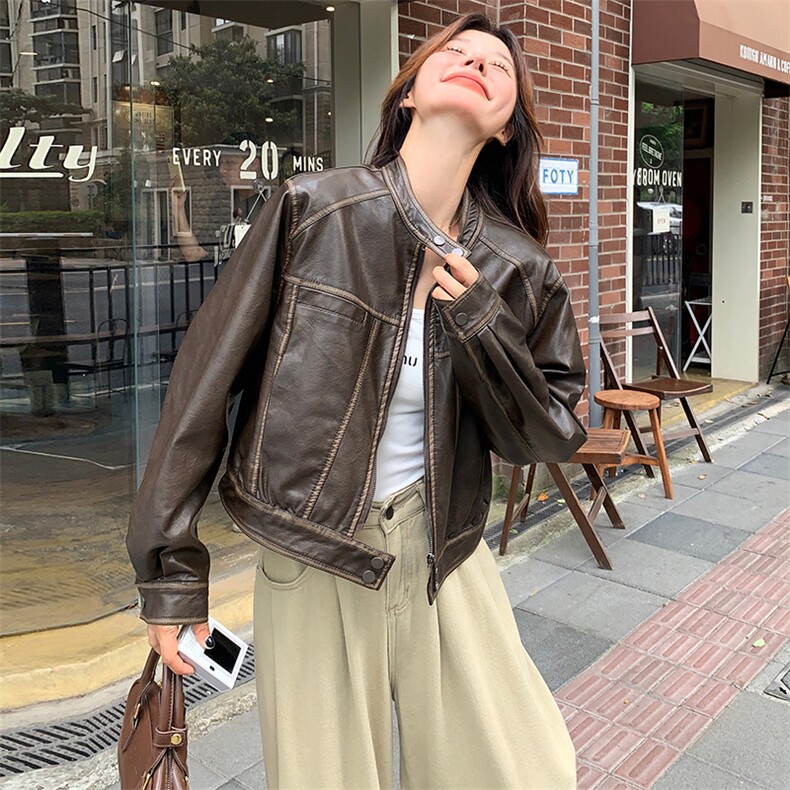 复古港风炸街皮衣夹克外套女2025春秋季新款宽松显瘦时尚短款上衣,女装皮衣,C位