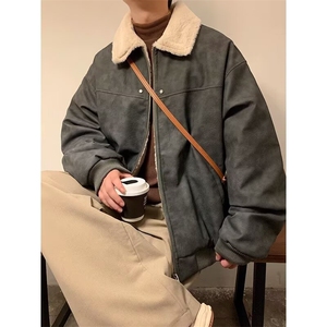 美式复古棕色皮衣外套男秋冬季潮牌高级感夹棉加厚羊羔绒夹克棉衣图片