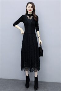 2023秋季新款半高领线衣花边配蕾丝长款打底连衣裙（配饰品)，女装连衣裙，安之芮娜