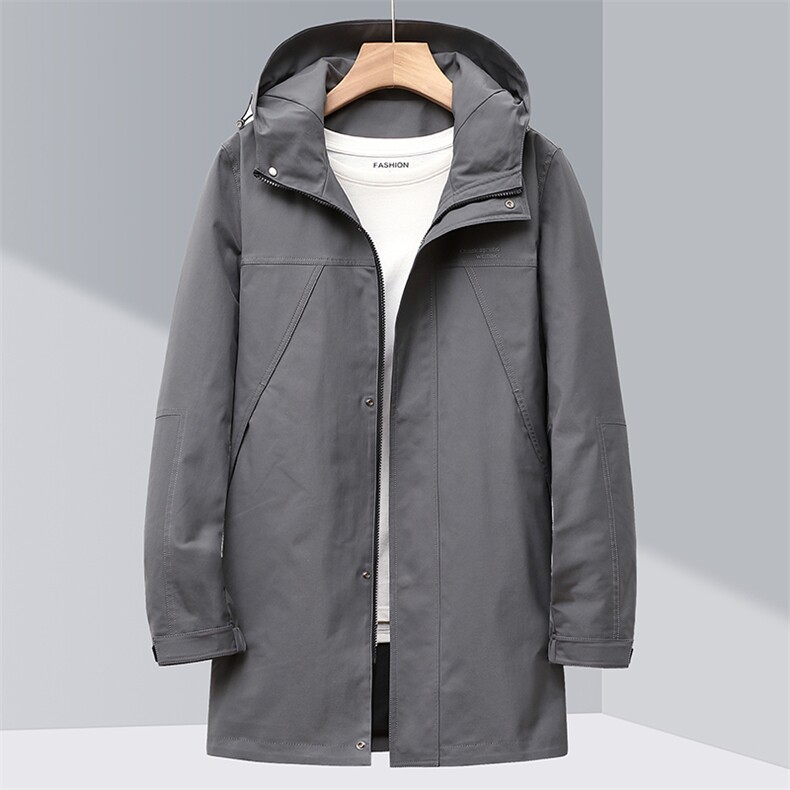 中年男士风衣2023春秋新款潮流休闲时尚大衣中长款连帽纯色外套男，男装风衣，电商B212（原钱塘6029）