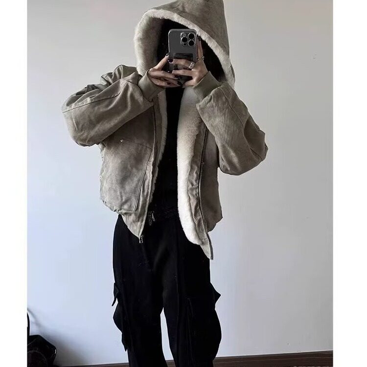 现货美式水貂毛大理石座山雕连帽棉服夹克男女宽松外套LJ955-P135图片
