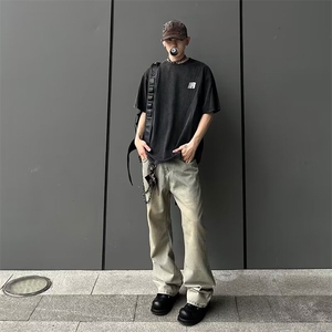 夏男牛仔裤微喇叭渐变色直筒宽松长裤NK0740 P45图片