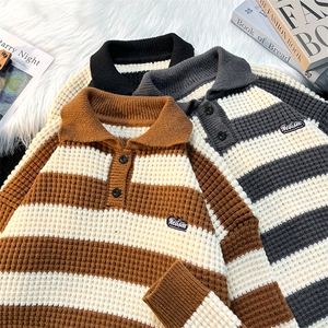 秋冬款男Polo领毛衣条纹拼色针织衫贴标线衣M7119 P50图片