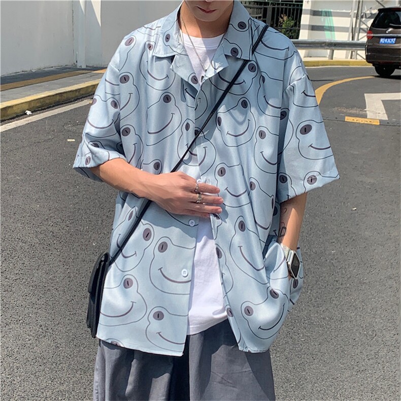 ins趣味五分袖衬衫男港风潮牌宽松嘻哈青蛙印花上衣衬衣W984-P30,男装夹克,星座512-2