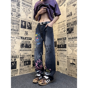 美式复古高街涂鸦牛仔裤男女宽松显瘦直筒阔腿裤N185-P45图片