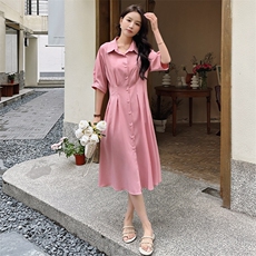 法式长款粉色衬衫收腰连衣裙女2024春秋季新款温柔风气质长裙子潮，女装连衣裙，浙宝276（原081）