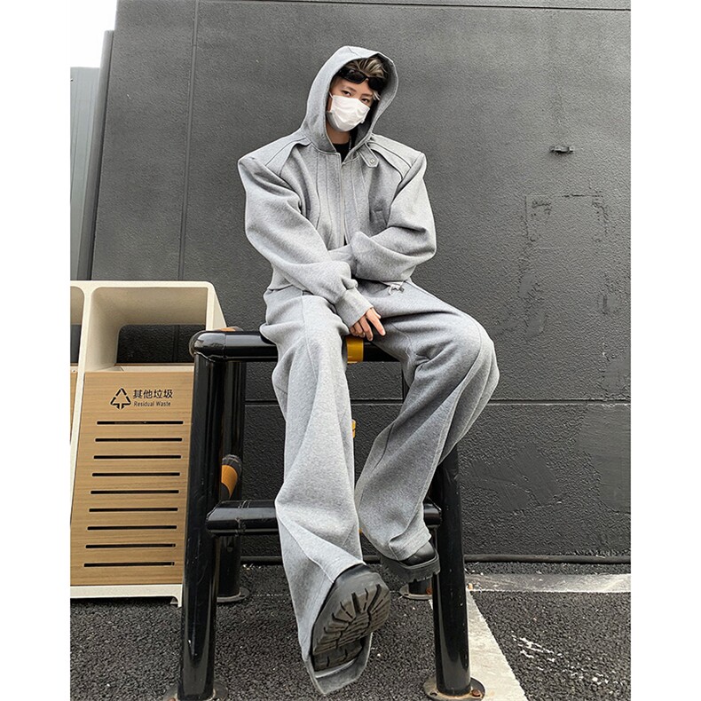 24秋冬男士设计感垫肩短款休闲运动卫衣套装TZ07-衣服p105裤子p68,男装休闲套装,电商B288