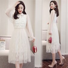 连衣裙蕾丝2021春季纱网修身百搭知性优雅简约POLO领，女装连衣裙，瑶迪依秀