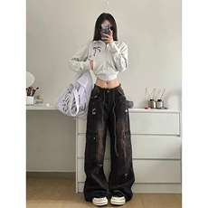 小个子工装牛仔裤女2025新款毛边低腰阔腿拖地直筒裤子春秋款，男装牛仔裤，星座1210-1