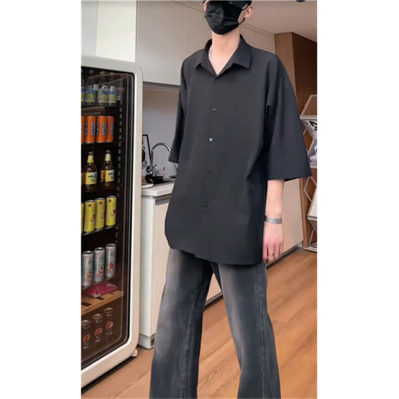 夏季冰丝短袖衬衫男女黑色宽松百搭学院风衬衣C1122-特P23，男装T恤，电商D202-1