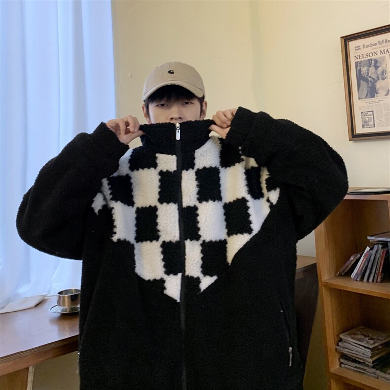 棋盘格羊羔绒服秋冬季袄韩版百搭宽松保暖衣外套 W6155-P50图片