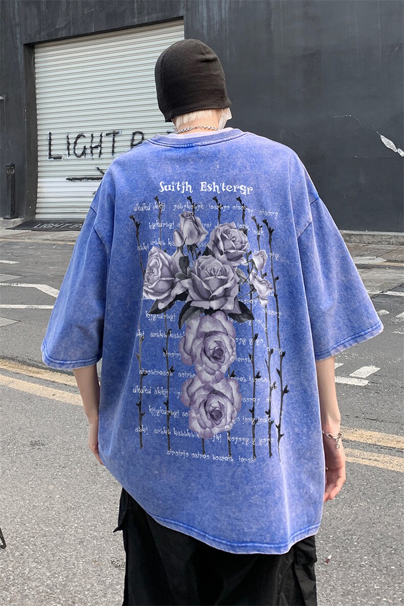 B239-1191-P38创意大花朵印花美式复古水洗做旧落肩袖短袖T恤,男装T恤,星座514-2(原B239)