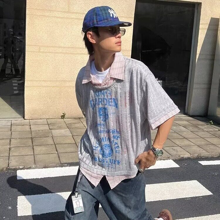 百搭新款美式复古小众简约假两件破洞针织短袖T恤做旧印花男夏季,男装T恤,星座506A