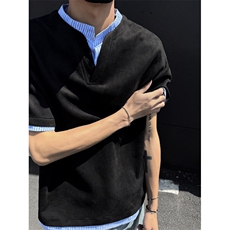 夏季新款假两件大码立领麂皮绒宽松短袖T恤B315-ST003-特p25控48，男装T恤，电商B315