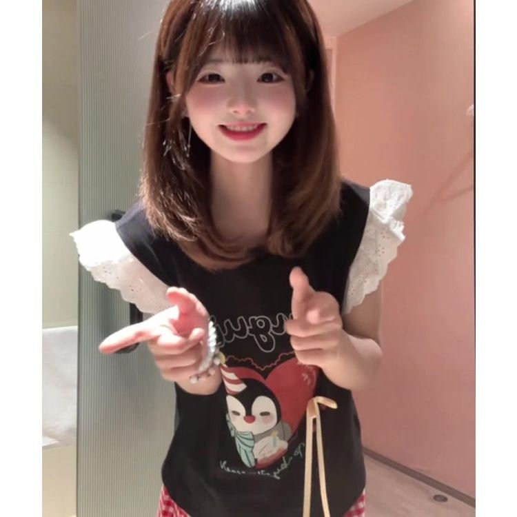 H0811-P35蕾丝拼接甜美风无袖短袖T恤女图片