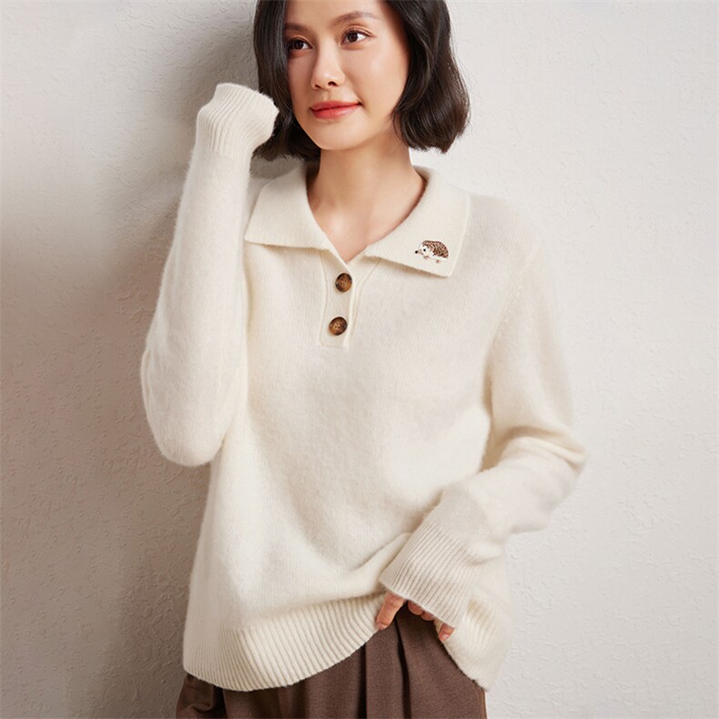 秋冬翻领刺绣刺猬100%羊绒衫女polo宽松时尚套头长袖针织打底上衣,女装羊绒衫,臻维羊绒