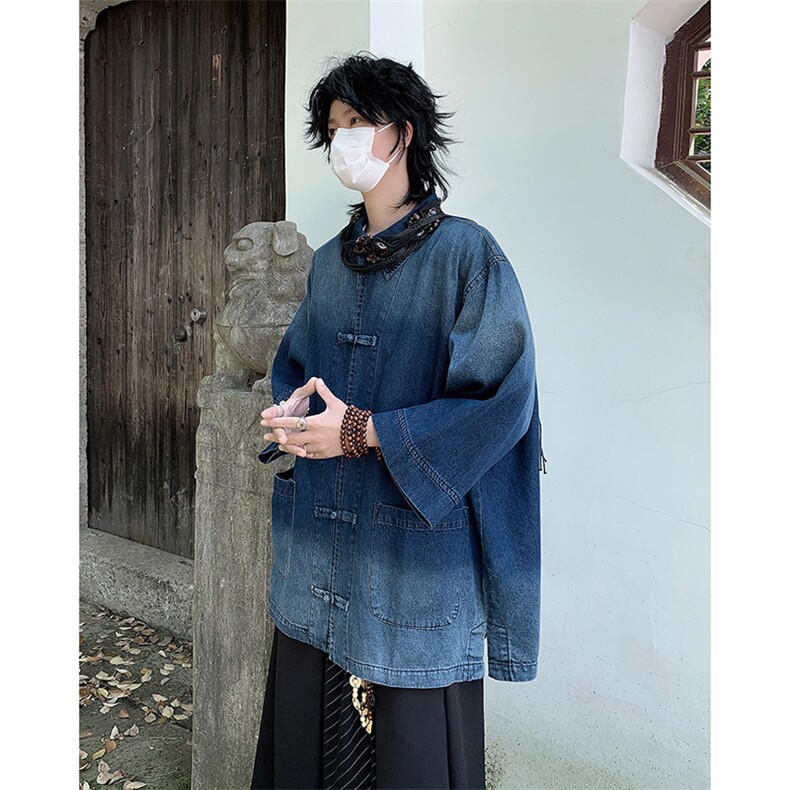 新中式风水洗做旧牛仔衬衫男女宽松复古盘扣衬衣外套S9866-p65,男装衬衫,星座1008