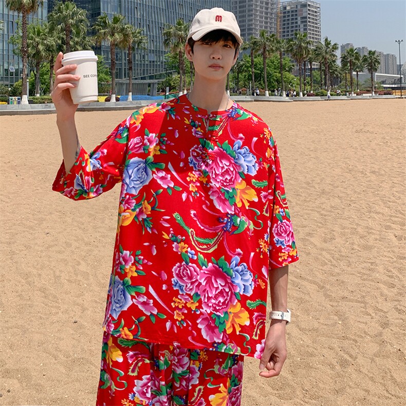 TZ340男士春夏风大花套装大码宽松凉爽透气民族风个性外套，男装民族服装，星座115A(原星座507）