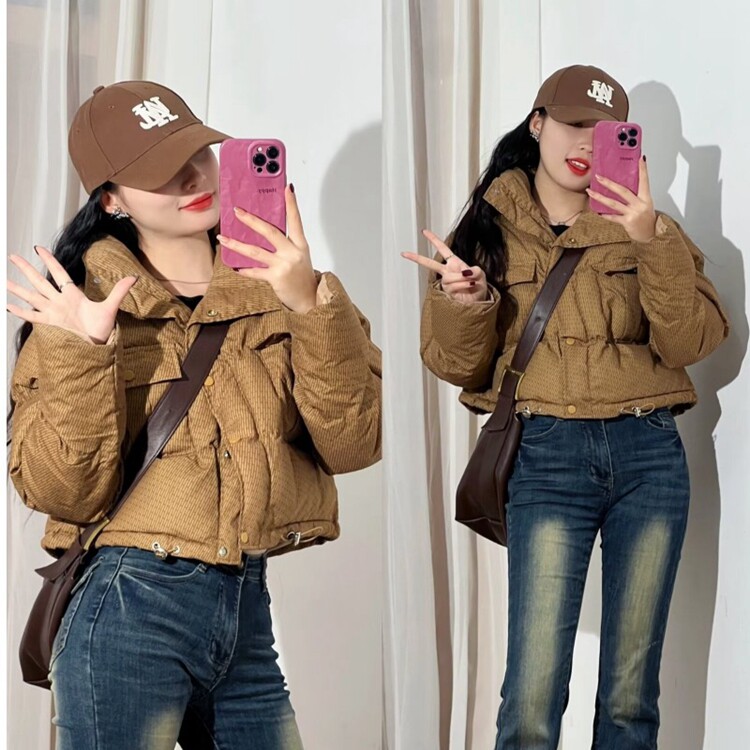 棕咖色短款羽绒服女2025冬季韩版小个子立领加厚格纹面包服外套,男装羽绒服,星座218-8