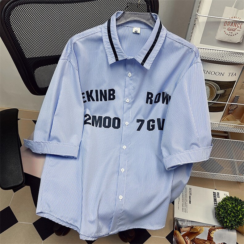 1中性竖条纹大码M-5XL日系港风情侣七分袖衬衫男QCS7018P45控68，男装衬衫，星座226-2