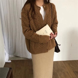 复古麻花开衫女粗线宽松显瘦短款百搭圆领针织开襟外套图片