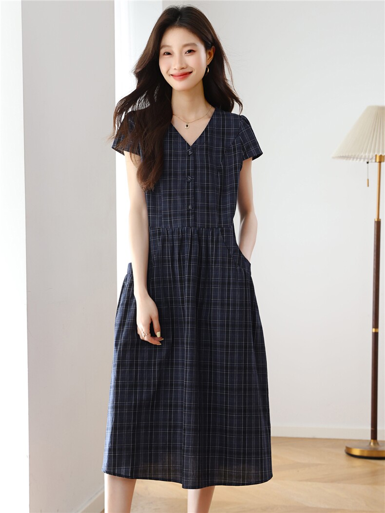 纯棉格子连衣裙女夏季2025新款大码宽松胖MM遮肚显瘦气质减龄裙子,女装连衣裙,依恋蒂丝