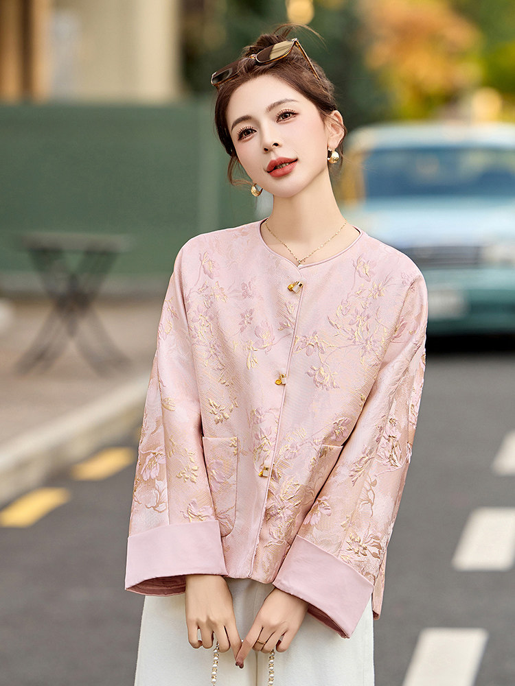 粉色小香风圆领提花外套女2025春季新款今年流行新中式小西服上衣,女装短外套,美沁