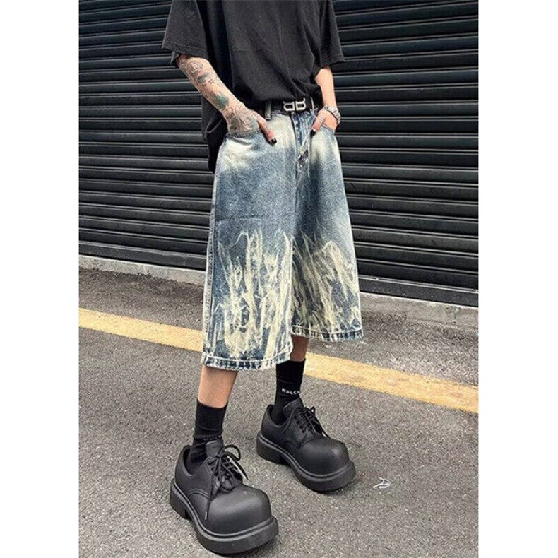 美式高街vibe扎染牛仔短裤男潮流街头宽松阔腿七分裤WK11133-P45,男装牛仔裤,星座1008