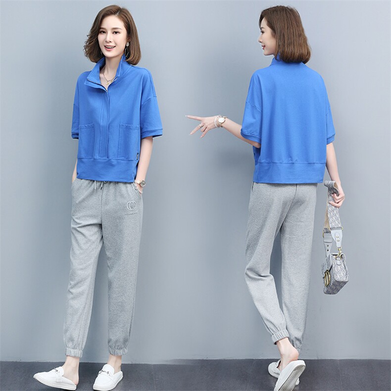 2023夏季新款简约休闲时尚立领上衣腰部个性松紧系带休闲裤两件套，女装套装/套裙，玛其路