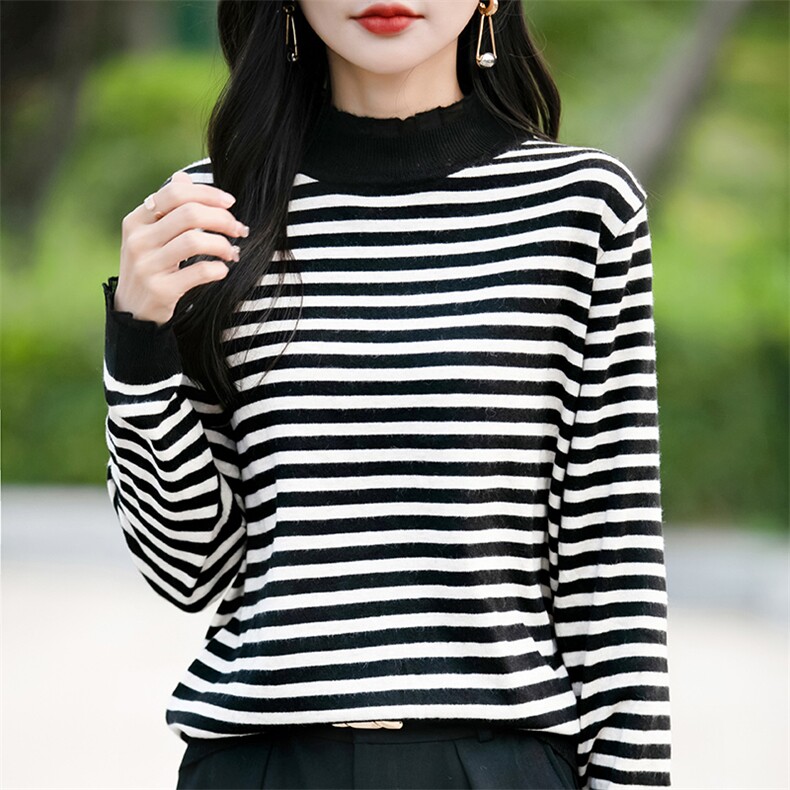2025秋冬新款蕾丝边半高领条纹内搭毛衣女木耳边针织打底衫上衣潮,针织衫/毛衣,佳绒包芯纱店