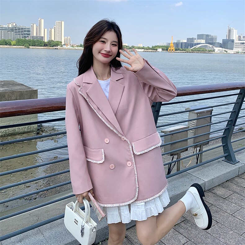 粉色设计感小香风西装春秋女2025新款温柔风宽松洋气毛边小西服,女装西装,天使之佳话