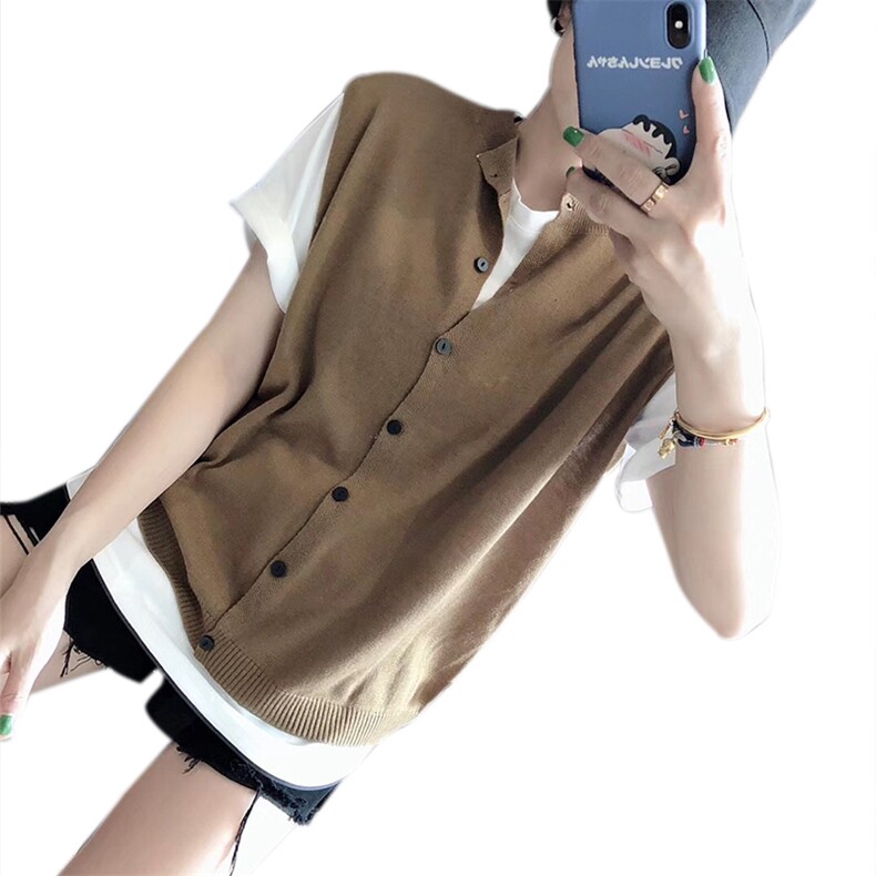 春夏新款薄针织圆领马甲开衫女叠穿宽松坎肩休闲纯棉无袖毛衣背心,针织衫/毛衣,恩泰羊绒