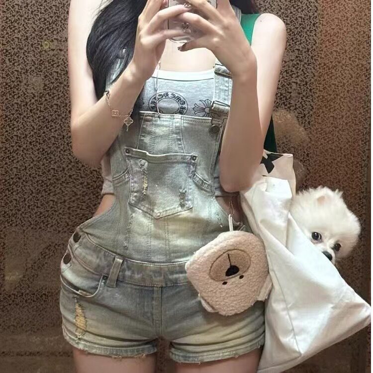 美式复古做旧辣妹破洞牛仔背带短裤女夏2025新款设计感小个子裤子,男装牛仔裤,星座506A