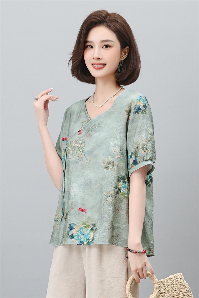 复古印花T恤女2024年新款高端中年妈妈短袖夏装宽松V领上衣,女装T恤,涵誉