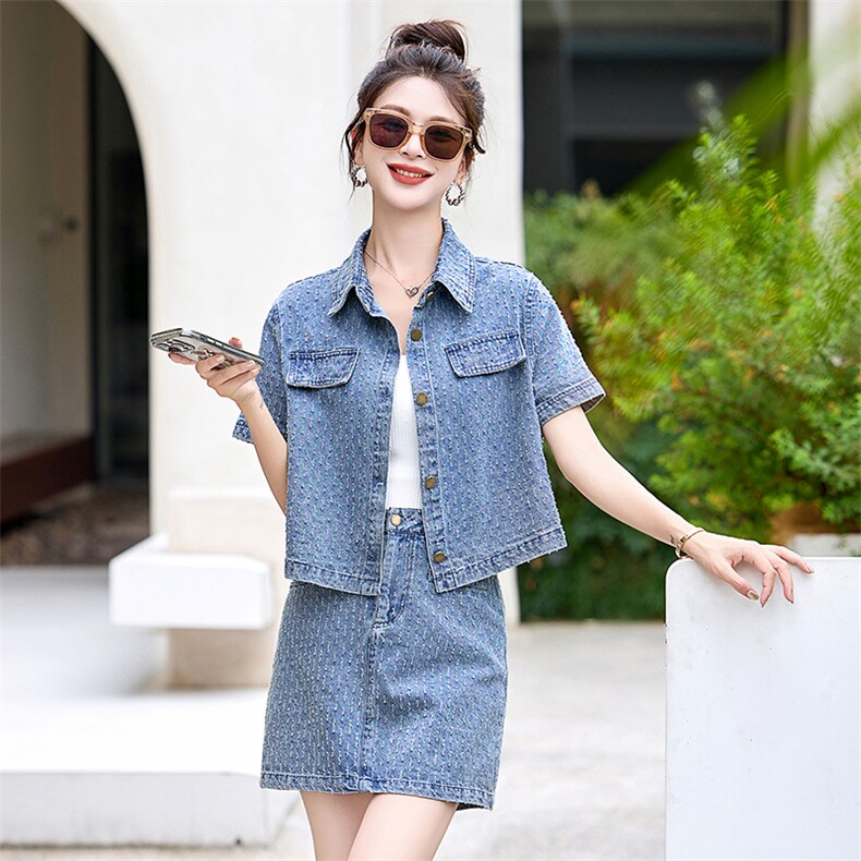 温柔系穿搭时尚薄款提花牛仔套装裙女夏新款显瘦气质小个子两件套,女装套装/套裙,布芭啦