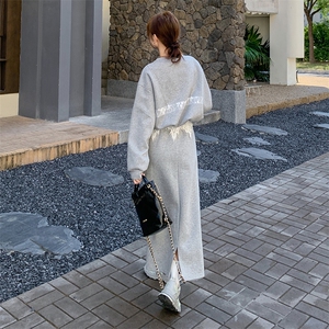 韩系灰色蕾丝拼接卫衣连衣裙女2025春独特漂亮休闲气质长裙两件套图片