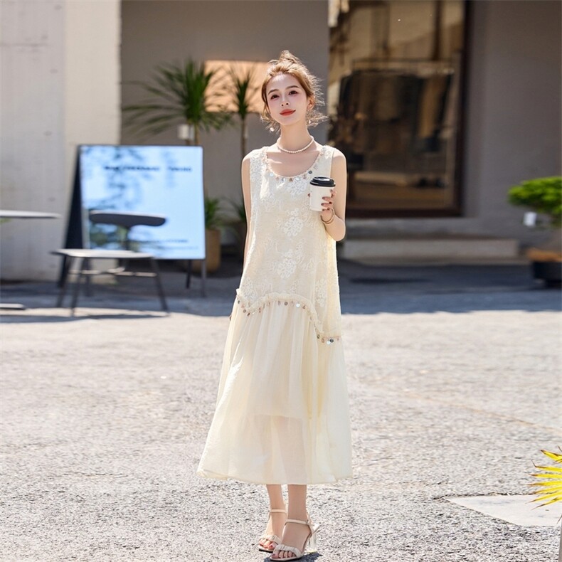 亮片拼接刺绣背心连衣裙女夏2025新款绝美波西米亚度假无袖沙滩裙,女装连衣裙,涵亦佰惠