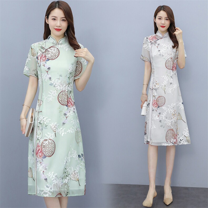 2023夏装新款简约时尚旗袍领设计优雅气质修身显瘦连衣裙,女装连衣裙,媚琳依坊
