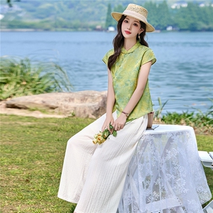 新中式套装女2026夏新款洋气不规则盘扣上衣+阔腿裤两件套图片