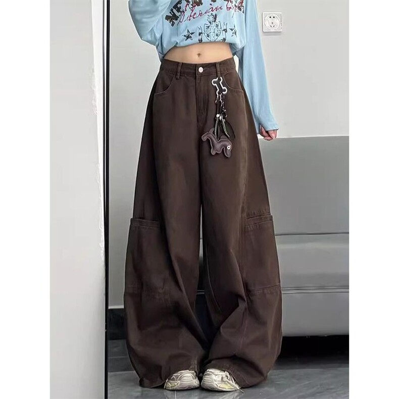 小个子复古美拉德咖色阔腿工装牛仔裤女新款辣妹高腰宽松直筒长裤，男装牛仔裤，星座218-8