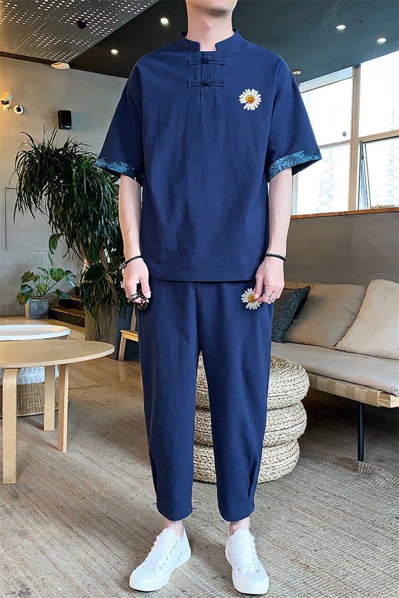 2021夏季新款风男装汉服棉麻印花短袖T桖九分裤两件套P70,男装休闲套装,星座217-4