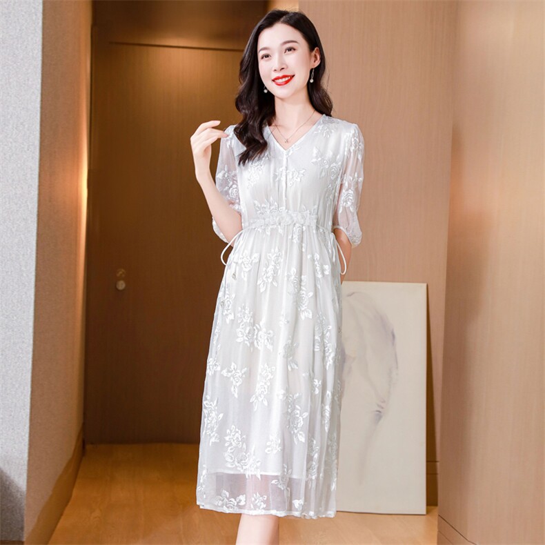 高级感真丝连衣裙气质名媛女神范2025夏新款高端精致刺绣桑蚕丝裙,女装连衣裙,阿舍尔精品