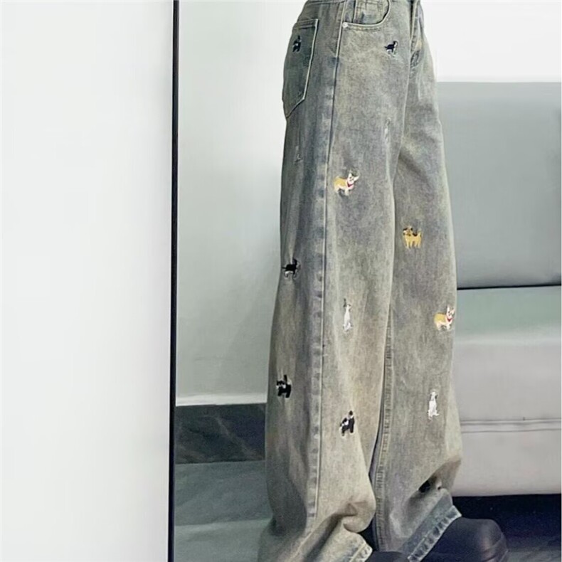 趣味小狗刺绣牛仔裤女潮牌美式复古水洗做旧显瘦高腰直筒百搭裤子,男装牛仔裤,星座813-3