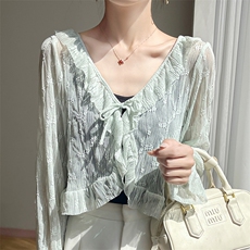 时尚薄款网纱木耳边系带开衫女洋气小香风外搭小披肩休闲防晒罩衫，女装蕾丝衫/雪纺衫，圣丽羊绒